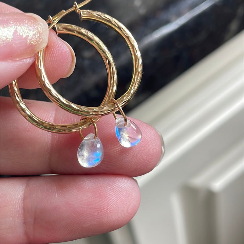 Moonstone Hoop Earrings - 14k gold hoops - 14k drops