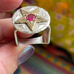 Star Ring - Ruby - Square Band - Engraved - Sterling Silver - Vintage