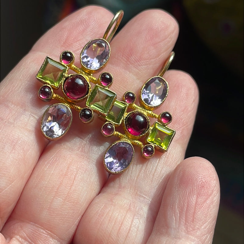 Amethyst, Garnet, Peridot Earrings - Sterling Silver - Vermeil - Vintage