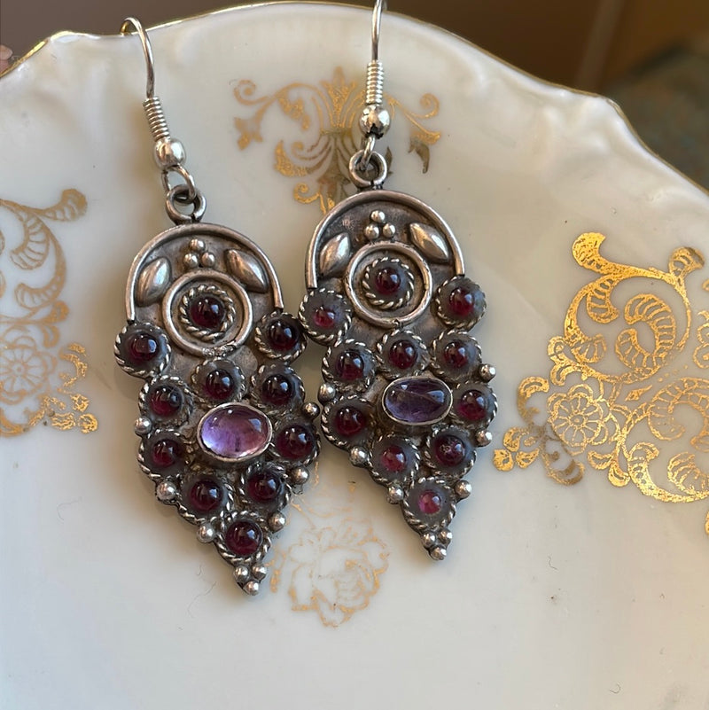 Garnet Amethyst Earrings - Sterling Silver - Vintage