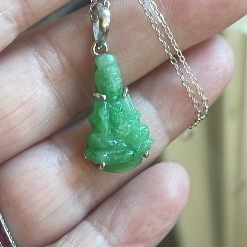 Carved Jade Buddha Pendant - 10k Gold - Sterling Chain - Vintage