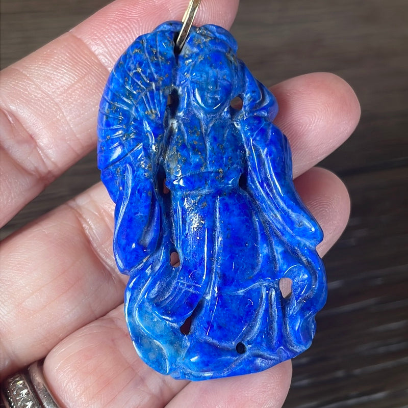 Carved Lapis Geisha Pendant - 14k Gold - Vintage