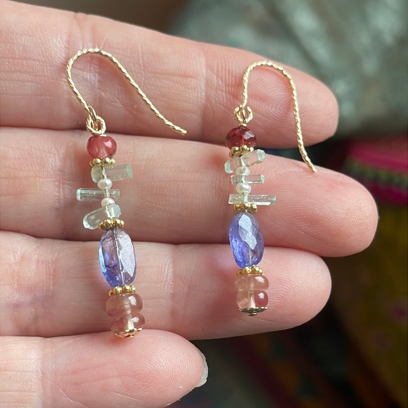 Emerald, Tanzanite, Andesine Labradorite and Seed Pearl Earrings - Gold Filled - Handmade