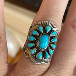 Turquoise Cluster Ring - Engraved - Sterling Silver - Vintage