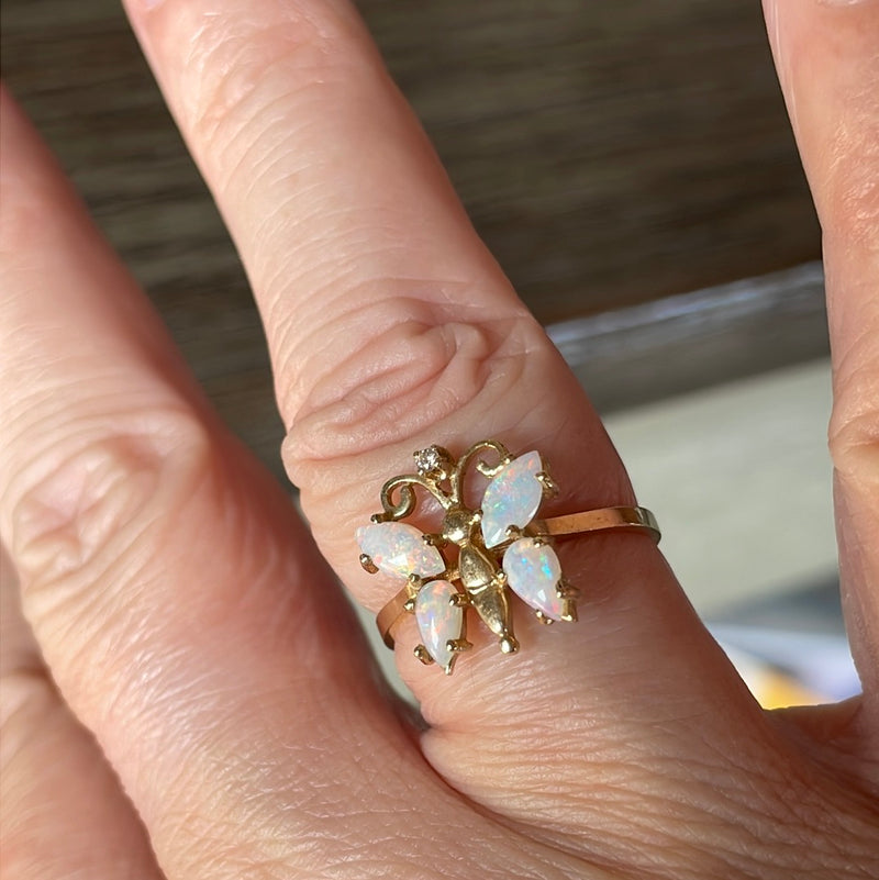 Opal Butterfly Ring - Diamond - 14k Gold - Vintage