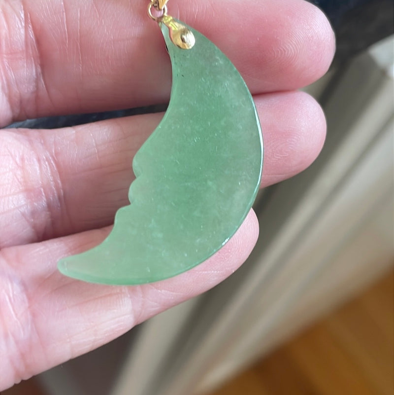 Carved Jade Moon Pendant - 14k Gold - Vintage