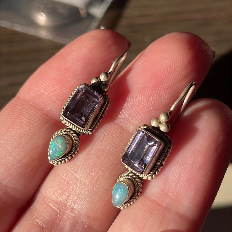 Amethyst Opal Drop Earrings - Sterling Silver - Vintage