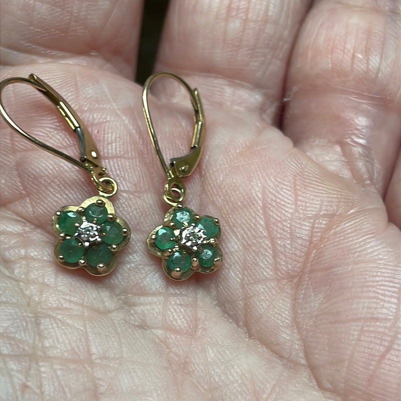 Emerald Diamond Flower Drop Earrings - 10k Gold - Vintage