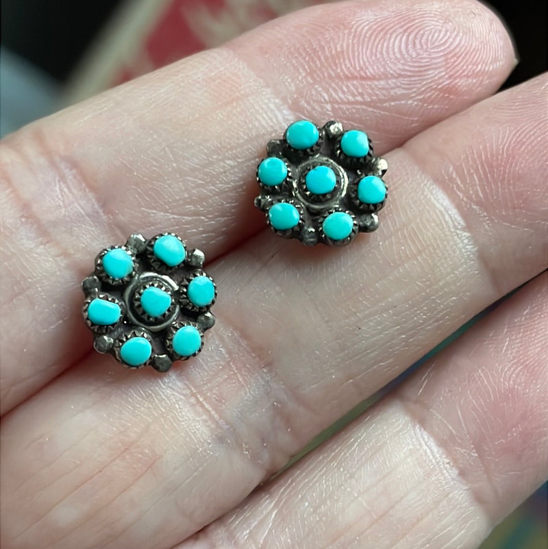 Turquoise Cluster Earrings - Sterling Silver - Zuni - Vintage