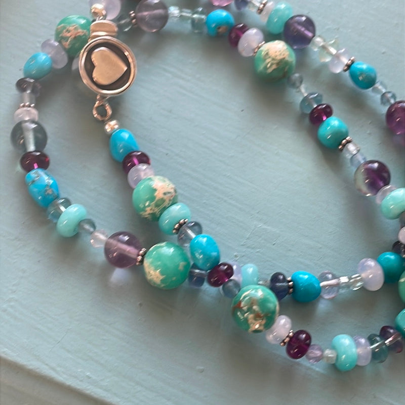 Ocean Confetti One of a Kind Necklace - Turquoise, Chalcedony, Fluorite and Amazonite - Sterling Heart Clasp - Handmade