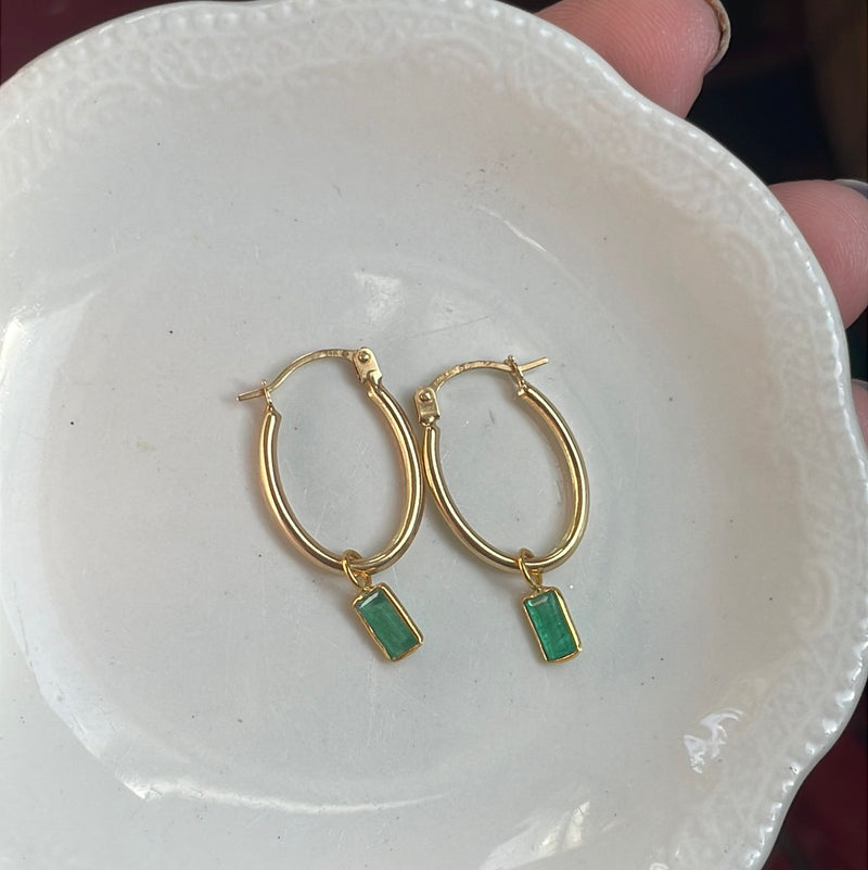 Emerald Oval Hoop Drop Earrings - 14k Gold Hoops and 18k Gold Drops - Vintage