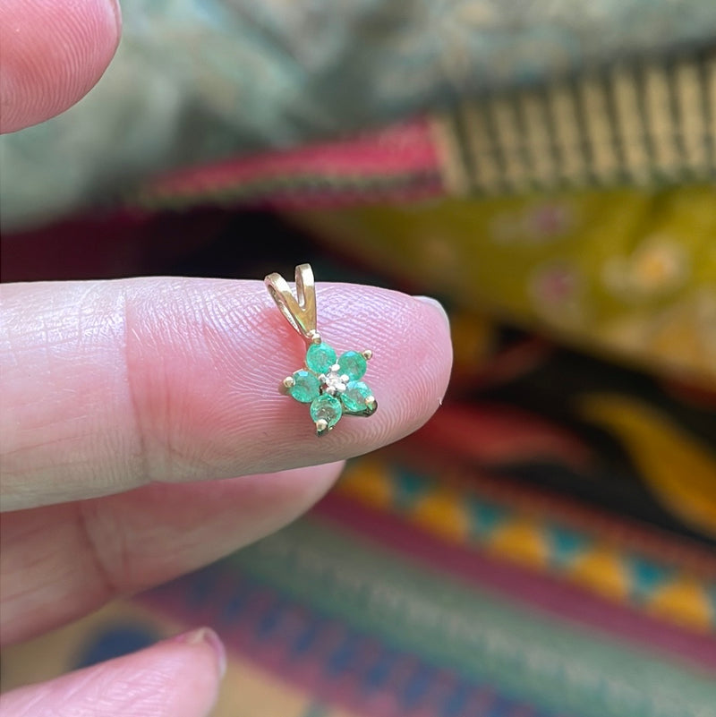 Emerald Diamond Flower Pendant - 10k Gold - Vintage