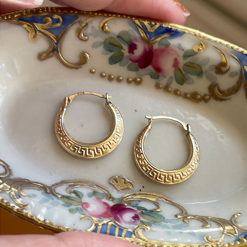 Greek Key Hoop Earrings - 14k Gold - Vintage