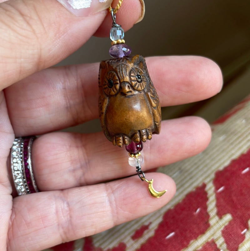 Carved Owl Pendant - Netsuke - Moonstone, Garnet, Amethyst and Fluorite - Gold Filled Moon - Sterling and Gold filled findings