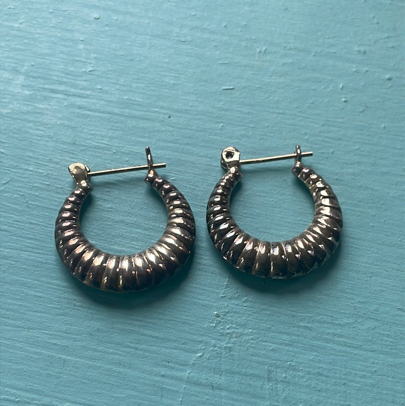 Ridged Hoop Earrings - Sterling Silver - Vintage