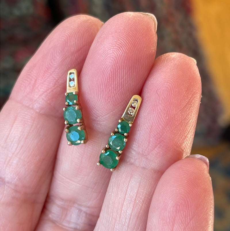 Emerald Drop Earrings - Diamond - 10k Gold - Vintage