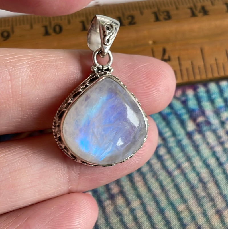 Moonstone Teardrop Pendant - Closed Back - Sterling Silver - Modern