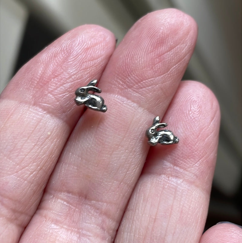 Tiny Rabbit Stud Earrings - Sterling Silver - Vintage