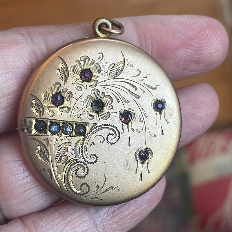 Engraved Paste Flower Locket - Gold Filled - Antique