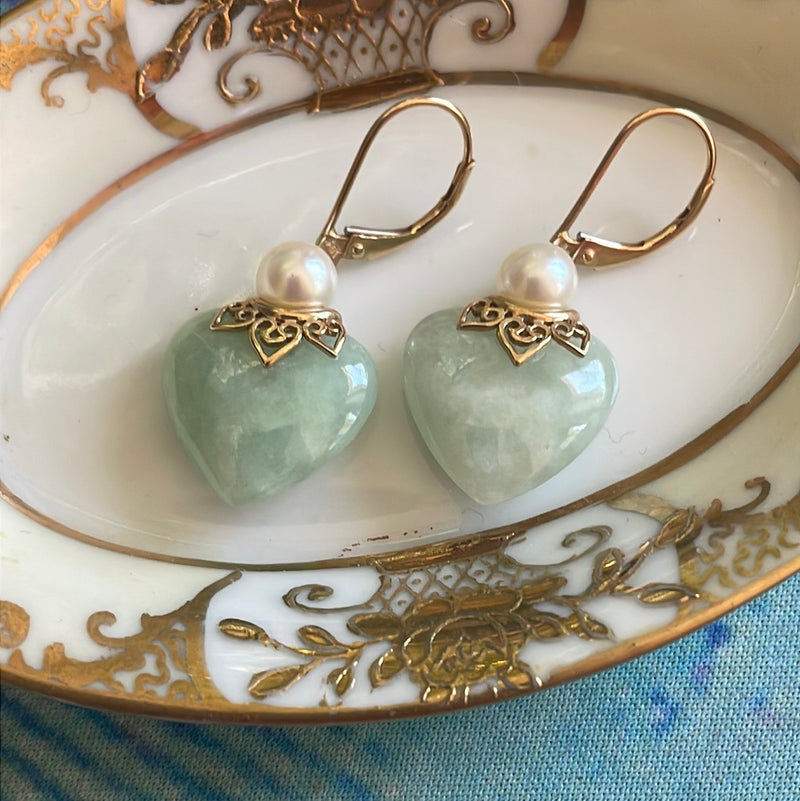 Jade Heart Earrings - Pearl - 14k Gold - Vintage