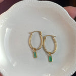 Emerald Oval Hoop Drop Earrings - 14k Gold Hoops and 18k Gold Drops - Vintage