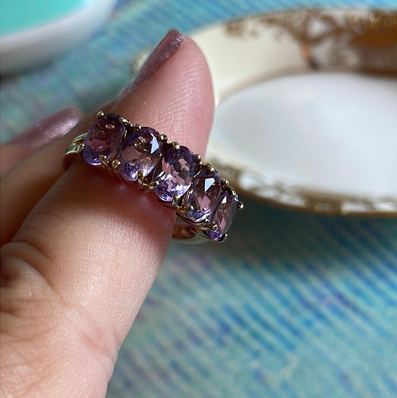 Amethyst Five Stone Band - Sterling Silver - Gold Wash - Vintage