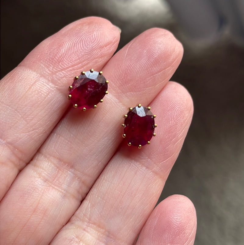 Large Ruby Stud Earrings - 10k Gold - Vintage