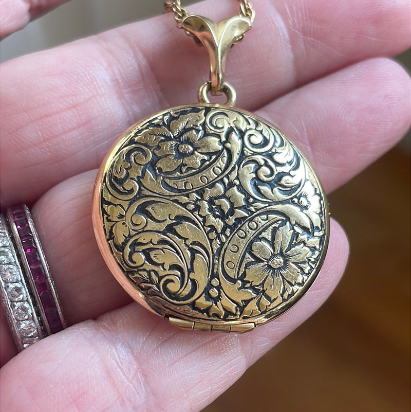 Engraved Flower Locket - Gold Filled - Antique