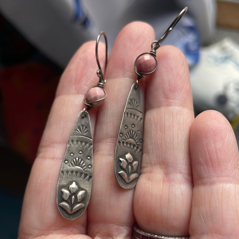 Hand Stamped Silver Earrings - Glass and Sterling Silver - Vintage