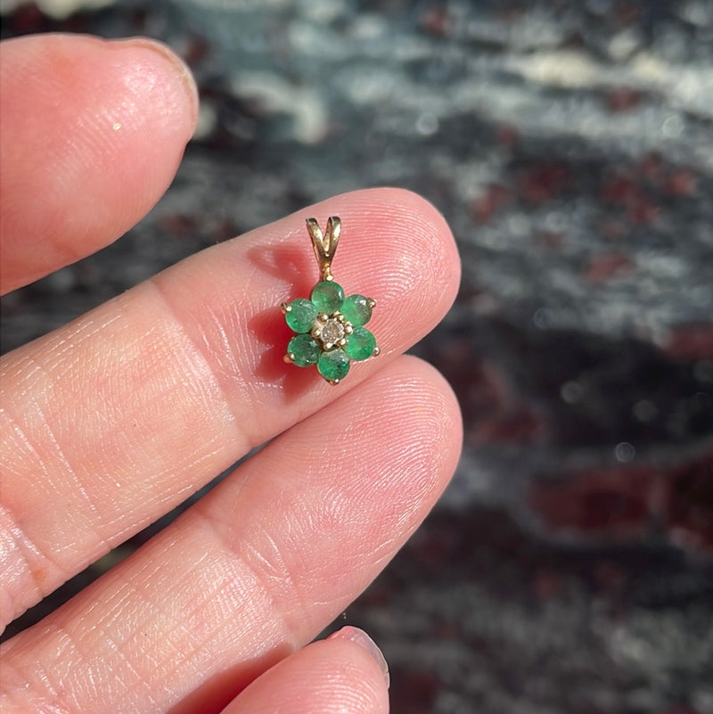 Emerald Diamond Flower Pendant - 14k Gold - Vintage