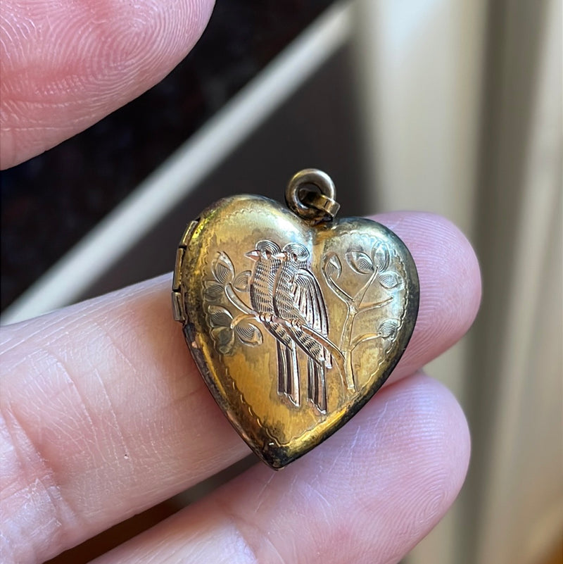 Bird Heart Locket - Love Birds - Gold over Sterling - Vintage