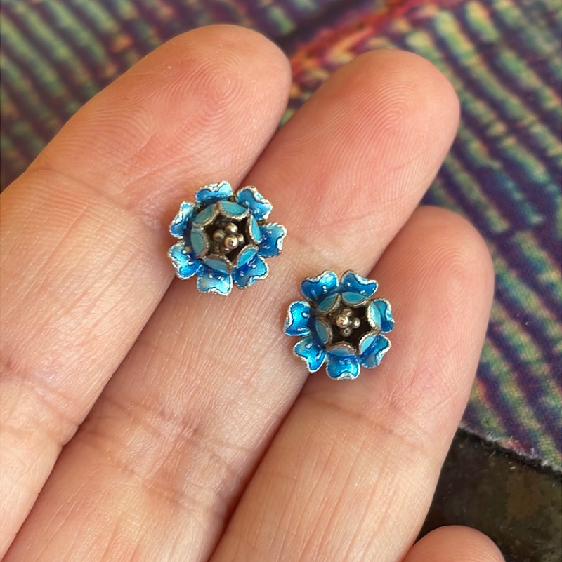 Enamel Flower Stud Earrings - Sterling Silver - Vintage