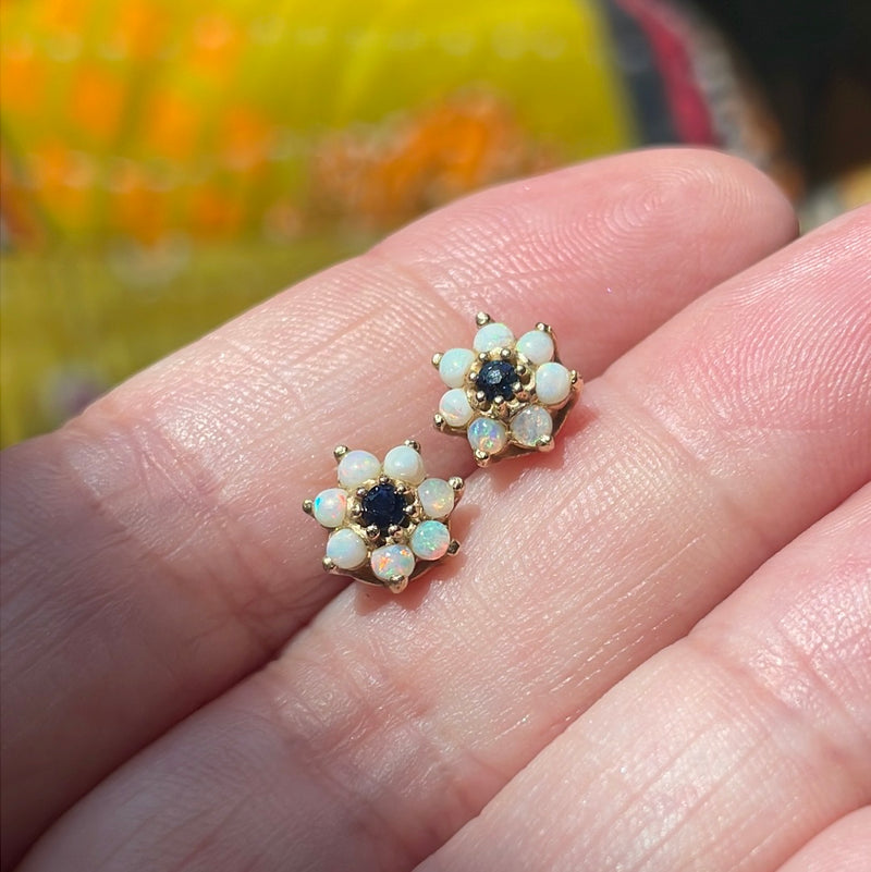 Opal Sapphire Flower Stud Earrings - 10k Gold - Vintage