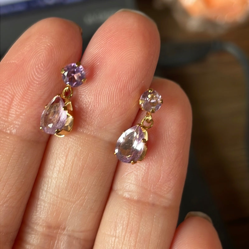 Amethyst Drop Earrings - Rose de France - 14k Gold - Vintage