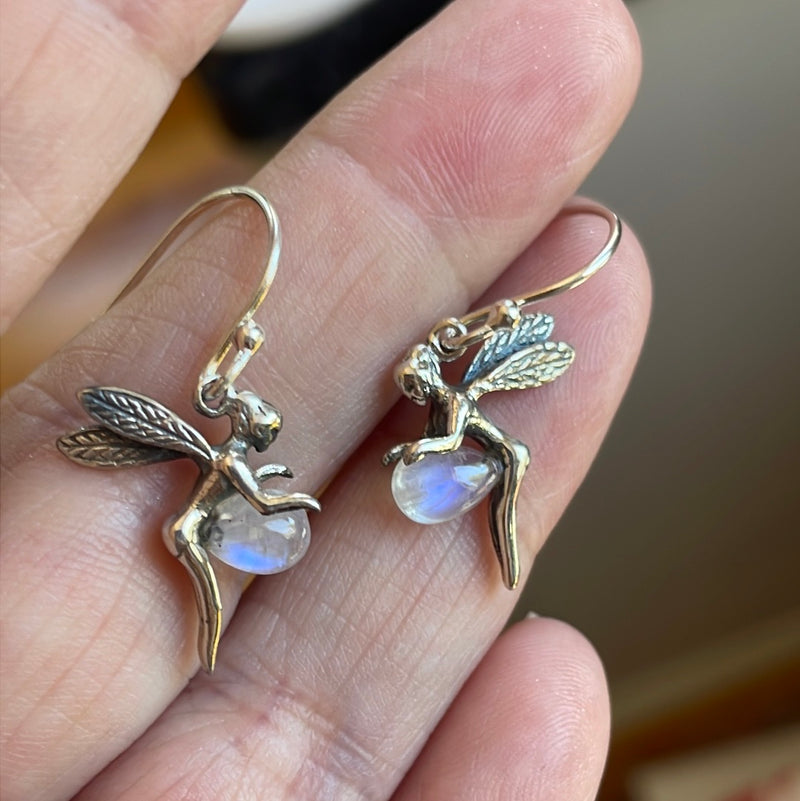 Wee Fairy Earrings - Moonstone - Sterling Silver - Vintage