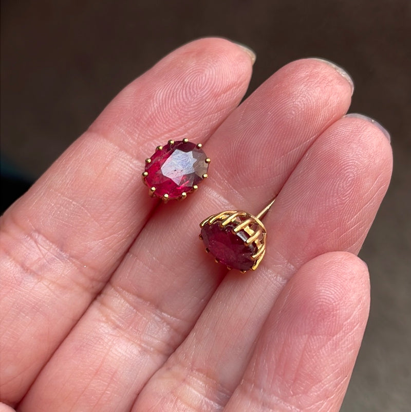 Large Ruby Stud Earrings - 10k Gold - Vintage