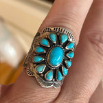 Turquoise Cluster Ring - Engraved - Sterling Silver - Vintage