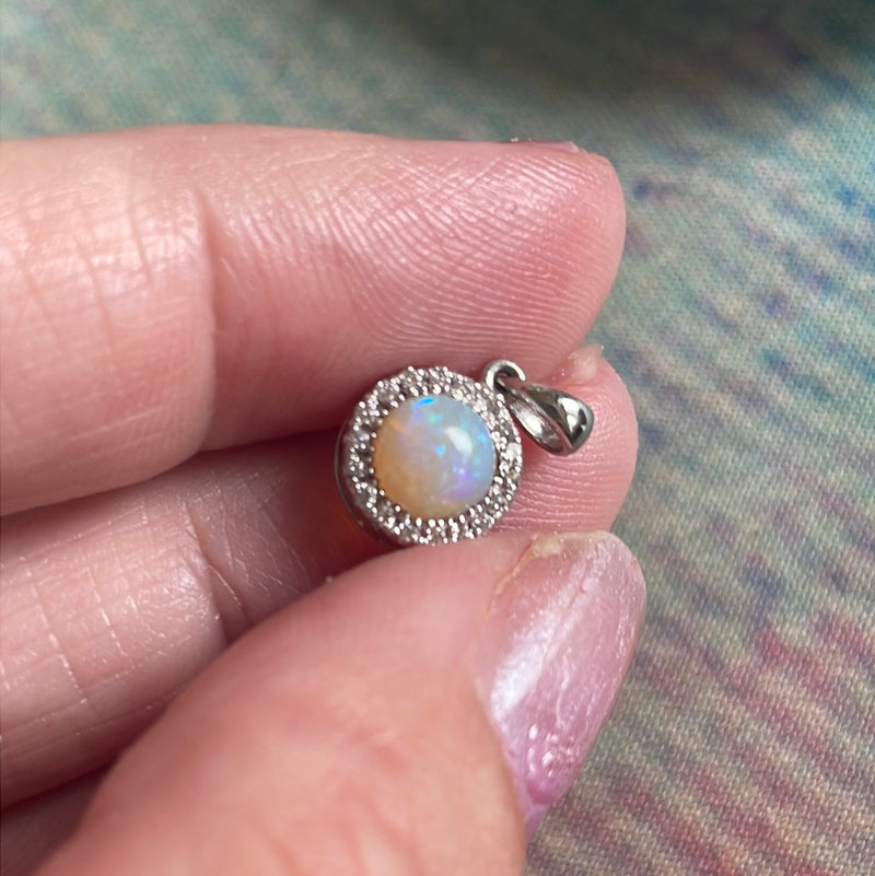 Opal Diamond Halo Pendant - 14k White Gold - Vintage