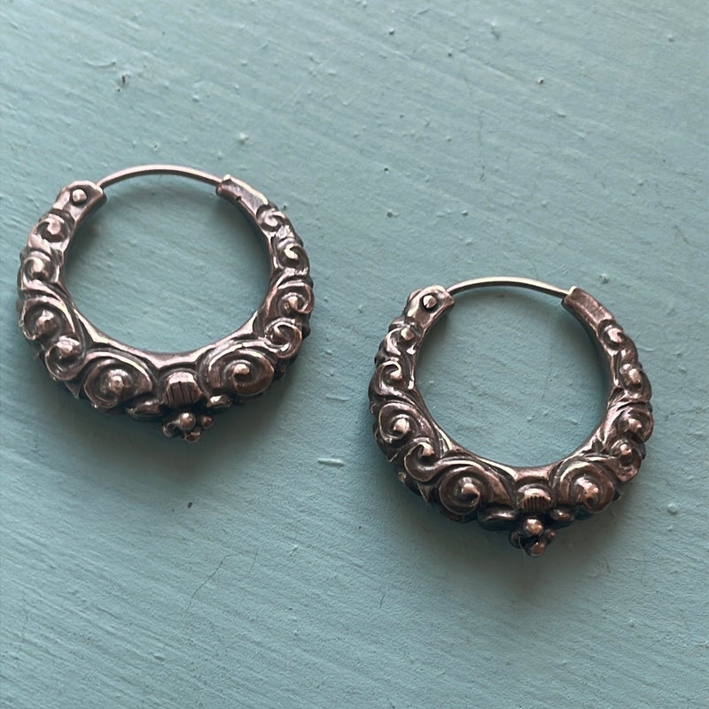 Repousse Hoop Earrings - Sterling Silver - Vintage