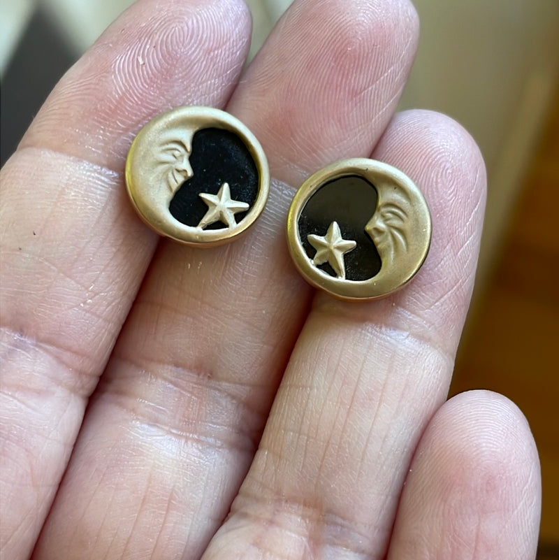 Moon Star Stud Earrings - Onyx - 14k Gold - Vintage