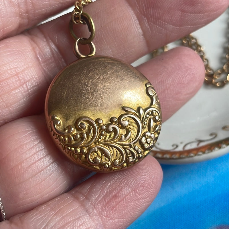 Repousse Floral Locket - Gold Filled - Antique