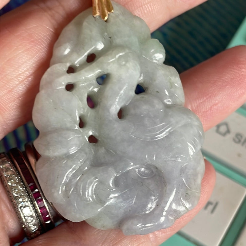 Carved Jade Crane Pendant - 14k Gold - Vintage