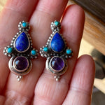 Lapis Turquoise Amethyst Earrings - Sterling Silver - Vintage