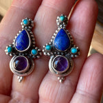 Lapis Turquoise Amethyst Earrings - Sterling Silver - Vintage