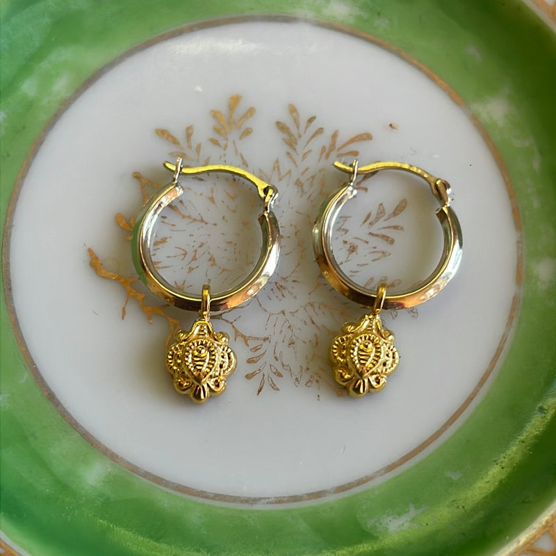 Ornate Hoop Earrings - 14k Gold Hoops and 18k Gold Drops - Vintage