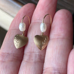 Engraved Heart Drop Earrings - Pearl - 14k Gold - Vintage