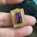 Book Locket - Purple Paste - Gold Filled - Antique