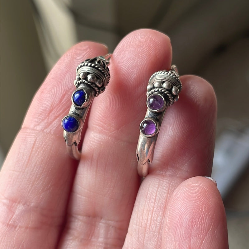 Bali Gemstone Hoop Earrings - Lapis and Amethyst - Sterling Silver - Vintage