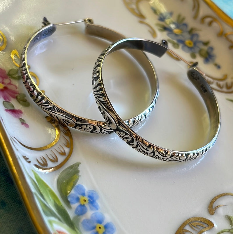 Large Floral Hoop Earrings - Sterling Silver - Vintage