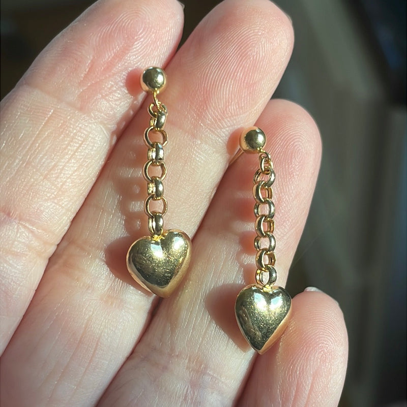 Puffy Heart Drop Earrings - 14k Gold - Vintage